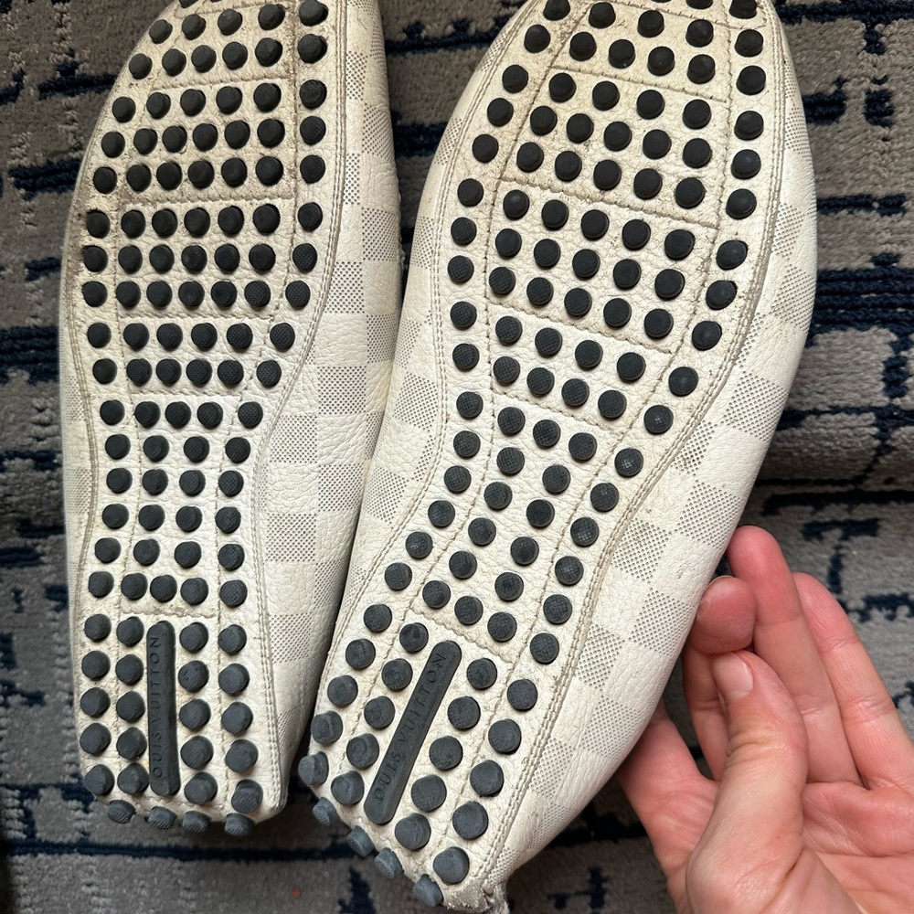 Louis Vuitton Cream & Navy Damier Driving Loafers - Picture 3 of 5